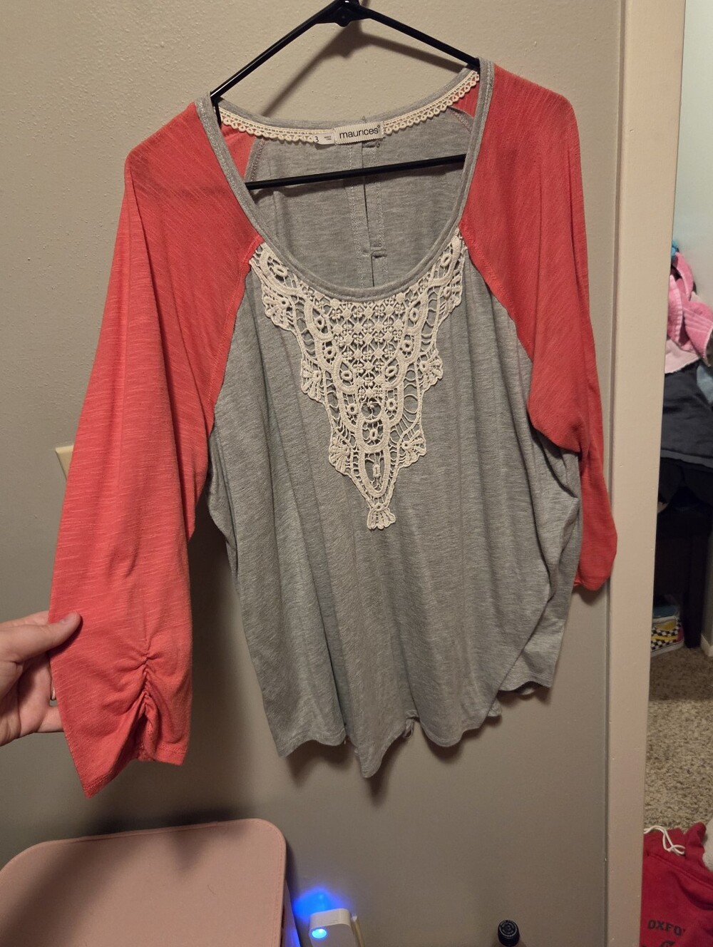 Maurices Coral Sleeve Grey Crochet-Front Button Up Back Women’s Top
